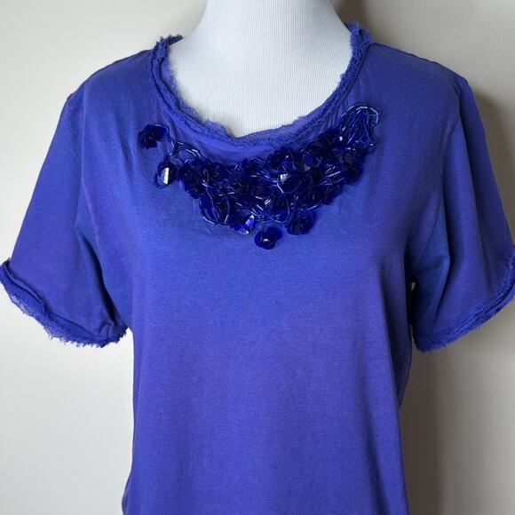 LANVIN Blue Knit Embellished Chiffon Trimmed Tee - Picture 2 of 8